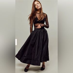 Free People Black Taffeta Midi Skirt